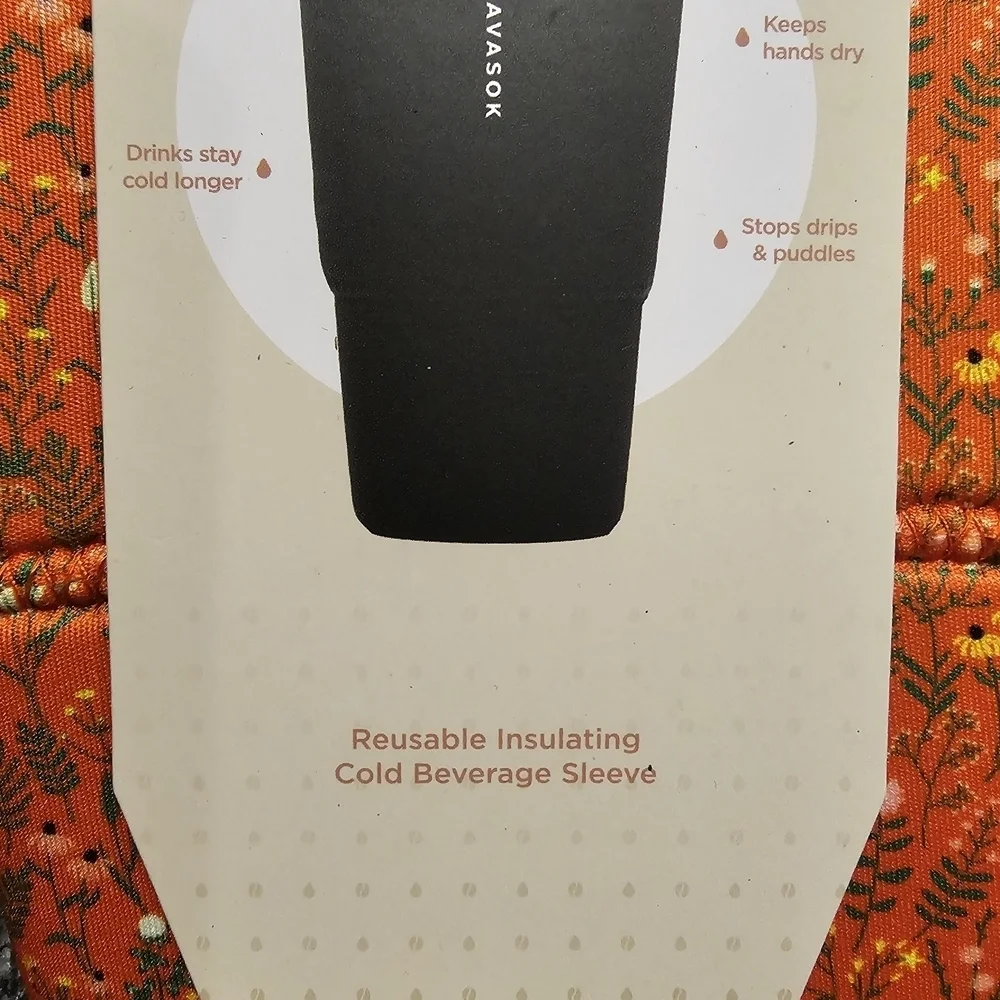 NWT JAVA SOK Orange Floral Print  Insulating Ice Coffee Sleeve XXL